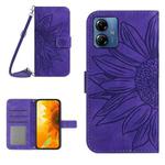 For Motorola Moto G54 HT04 Skin Feel Sun Flower Embossed Flip Leather Phone Case with Lanyard(Dark Purple)