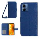 For Motorola Moto G54 HT04 Skin Feel Sun Flower Embossed Flip Leather Phone Case with Lanyard(Dark Blue)