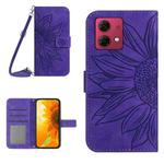 For Motorola Moto G84 HT04 Skin Feel Sun Flower Embossed Flip Leather Phone Case with Lanyard(Dark Purple)