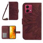 For Motorola Moto G84 HT04 Skin Feel Sun Flower Embossed Flip Leather Phone Case with Lanyard(Wine Red)