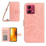 For Motorola Moto G84 HT04 Skin Feel Sun Flower Embossed Flip Leather Phone Case with Lanyard(Pink)