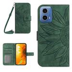 For Motorola Moto G34 5G HT04 Skin Feel Sun Flower Embossed Flip Leather Phone Case with Lanyard(Green)
