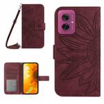 For Motorola Moto G55 5G HT04 Skin Feel Sun Flower Embossed Flip Leather Phone Case with Lanyard(Wine Red)