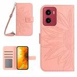 For Motorola Moto G05 HT04 Skin Feel Sun Flower Embossed Flip Leather Phone Case with Lanyard(Pink)