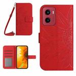 For Motorola Moto G05 HT04 Skin Feel Sun Flower Embossed Flip Leather Phone Case with Lanyard(Red)