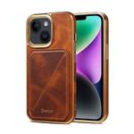 For iPhone 15 Denior Oil Wax Leather Electroplating Card Slot Holder Phone Case(Brown)