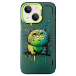 For iPhone 14 Double Layer Color Silver Series Animal Oil Painting Phone Case(Green Cat)