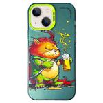 For iPhone 14 Double Layer Color Silver Series Animal Oil Painting Phone Case(Beer Cat)