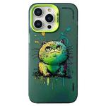 For iPhone 15 Pro Double Layer Color Silver Series Animal Oil Painting Phone Case(Green Cat)
