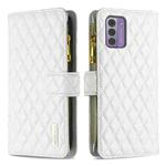 For Nokia G42/G310 Diamond Lattice Zipper Wallet Leather Flip Phone Case(White)