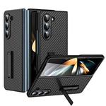 For Samsung Galaxy Z Fold5 Composite Carbon Fiber Pattern Phone Case With Holder(Black)