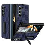 For Samsung Galaxy Z Flip5 Composite Carbon Fiber Pattern Phone Case With Holder(Blue)