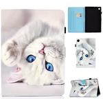 For Lenovo Tab M10 Plus TB-X606F Sewing Thread Horizontal Painted Flat Leather Case with Pen Cover & Anti Skid Strip & Card Slot & Holder & Wake-up / Sleep Function(White Cat)