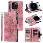 For iPhone 15 Pro Max Multi-Card Totem Zipper Leather Phone Case(Pink)