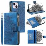 For iPhone 15 Plus Multi-Card Totem Zipper Leather Phone Case(Blue)
