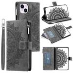 For iPhone 15 Multi-Card Totem Zipper Leather Phone Case(Grey)