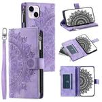 For iPhone 15 Multi-Card Totem Zipper Leather Phone Case(Purple)