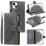 For iPhone 14 Plus Multi-Card Totem Zipper Leather Phone Case(Grey)