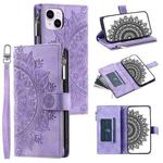 For iPhone 14 Plus Multi-Card Totem Zipper Leather Phone Case(Purple)