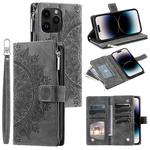 For iPhone 16 Pro Max Multi-Card Totem Zipper Leather Phone Case(Grey)