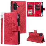 For iPhone 16 Plus Multi-Card Totem Zipper Leather Phone Case(Red)