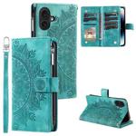 For iPhone 16 Multi-Card Totem Zipper Leather Phone Case(Green)