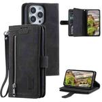 For iPhone 15 Pro Max Nine Card Zipper Bag Leather Phone Case with Lanyard(Black)