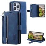 For iPhone 15 Pro Max Nine Card Zipper Bag Leather Phone Case with Lanyard(Blue)