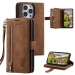 For iPhone 15 Pro Nine Card Zipper Bag Leather Phone Case with Lanyard(Brown)