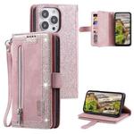For iPhone 15 Pro Nine Card Zipper Bag Leather Phone Case with Lanyard(Pink)