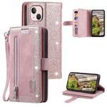 For iPhone 15 Plus Nine Card Zipper Bag Leather Phone Case with Lanyard(Pink)