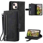 For iPhone 15 Nine Card Zipper Bag Leather Phone Case with Lanyard(Black)