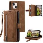 For iPhone 15 Nine Card Zipper Bag Leather Phone Case with Lanyard(Brown)