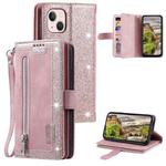 For iPhone 15 Nine Card Zipper Bag Leather Phone Case with Lanyard(Pink)