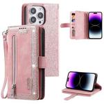 For iPhone 16 Pro Max Nine Card Zipper Bag Leather Phone Case with Lanyard(Pink)