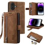 For iPhone 16 Plus Nine Card Zipper Bag Leather Phone Case with Lanyard(Brown)