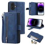 For iPhone 16 Plus Nine Card Zipper Bag Leather Phone Case with Lanyard(Blue)