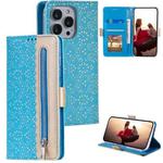 For iPhone 15 Pro Max Lace Pattern Double Button Zipper Leather Phone Case with Lanyard(Blue)