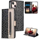 For iPhone 15 Plus Lace Pattern Double Button Zipper Leather Phone Case with Lanyard(Black)