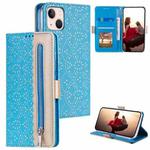 For iPhone 15 Plus Lace Pattern Double Button Zipper Leather Phone Case with Lanyard(Blue)