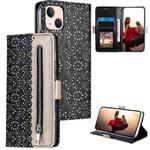 For iPhone 15 Lace Pattern Double Button Zipper Leather Phone Case with Lanyard(Black)