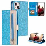 For iPhone 15 Lace Pattern Double Button Zipper Leather Phone Case with Lanyard(Blue)