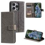 For iPhone 15 Pro Max Totem Flower Embossed Leather Phone Case(Grey)