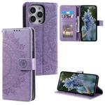 For iPhone 15 Pro Max Totem Flower Embossed Leather Phone Case(Purple)