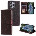 For iPhone 15 Pro Totem Flower Embossed Leather Phone Case(Brown)