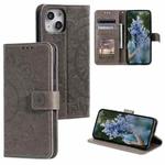 For iPhone 15 Plus Totem Flower Embossed Leather Phone Case(Grey)