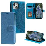 For iPhone 15 Totem Flower Embossed Leather Phone Case(Blue)