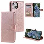 For iPhone 15 Totem Flower Embossed Leather Phone Case(Rose Gold)