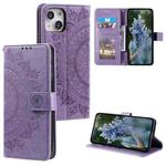 For iPhone 15 Totem Flower Embossed Leather Phone Case(Purple)