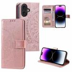 For iPhone 16 Plus Totem Flower Embossed Leather Phone Case(Rose Gold)